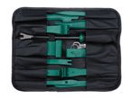 A set of green plastic trim removal tools in a black carrying case.