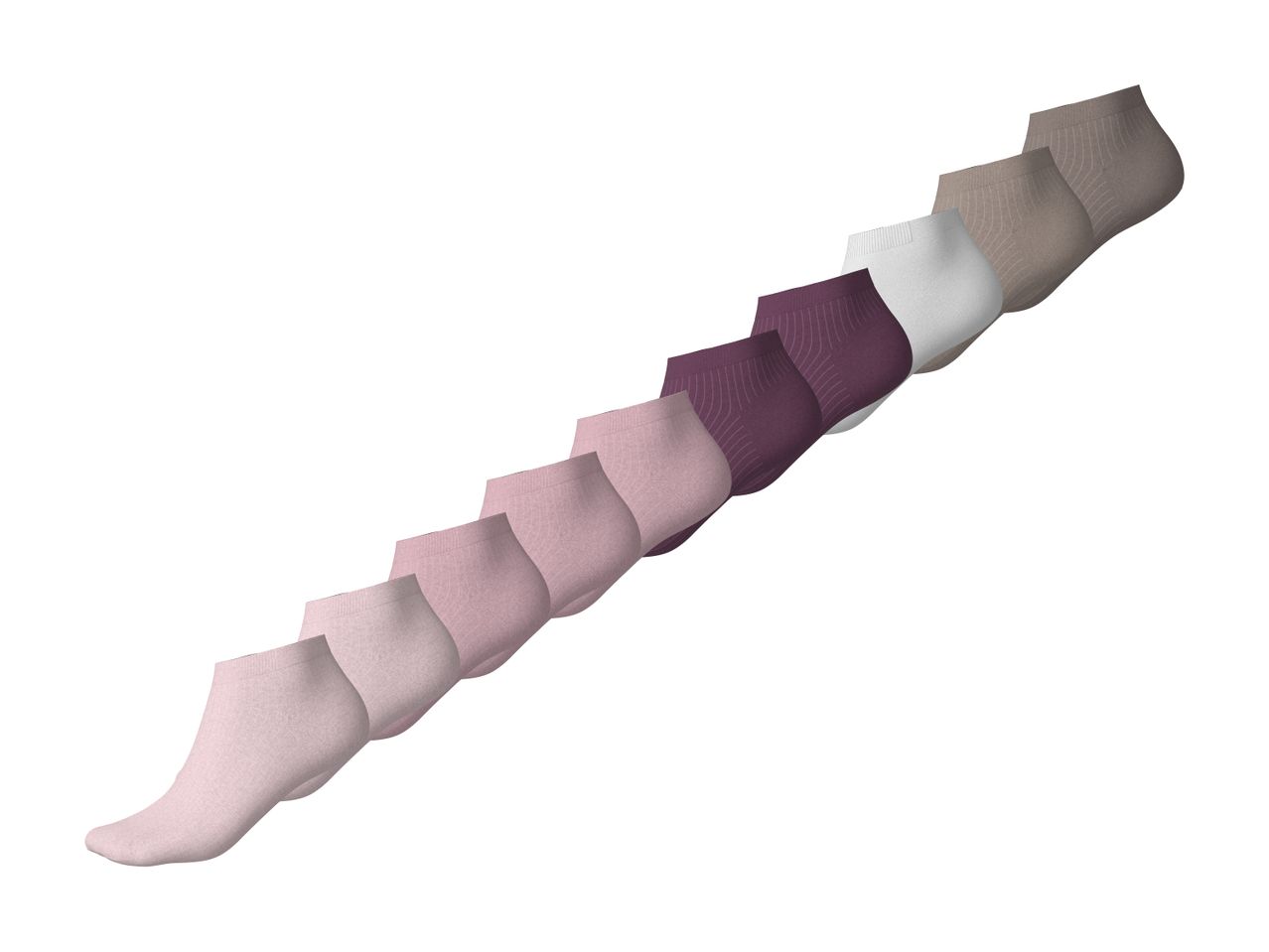 Et sæt med ti ankelstrømper i forskellige nuancer af lyserød, lilla, hvid og beige.
