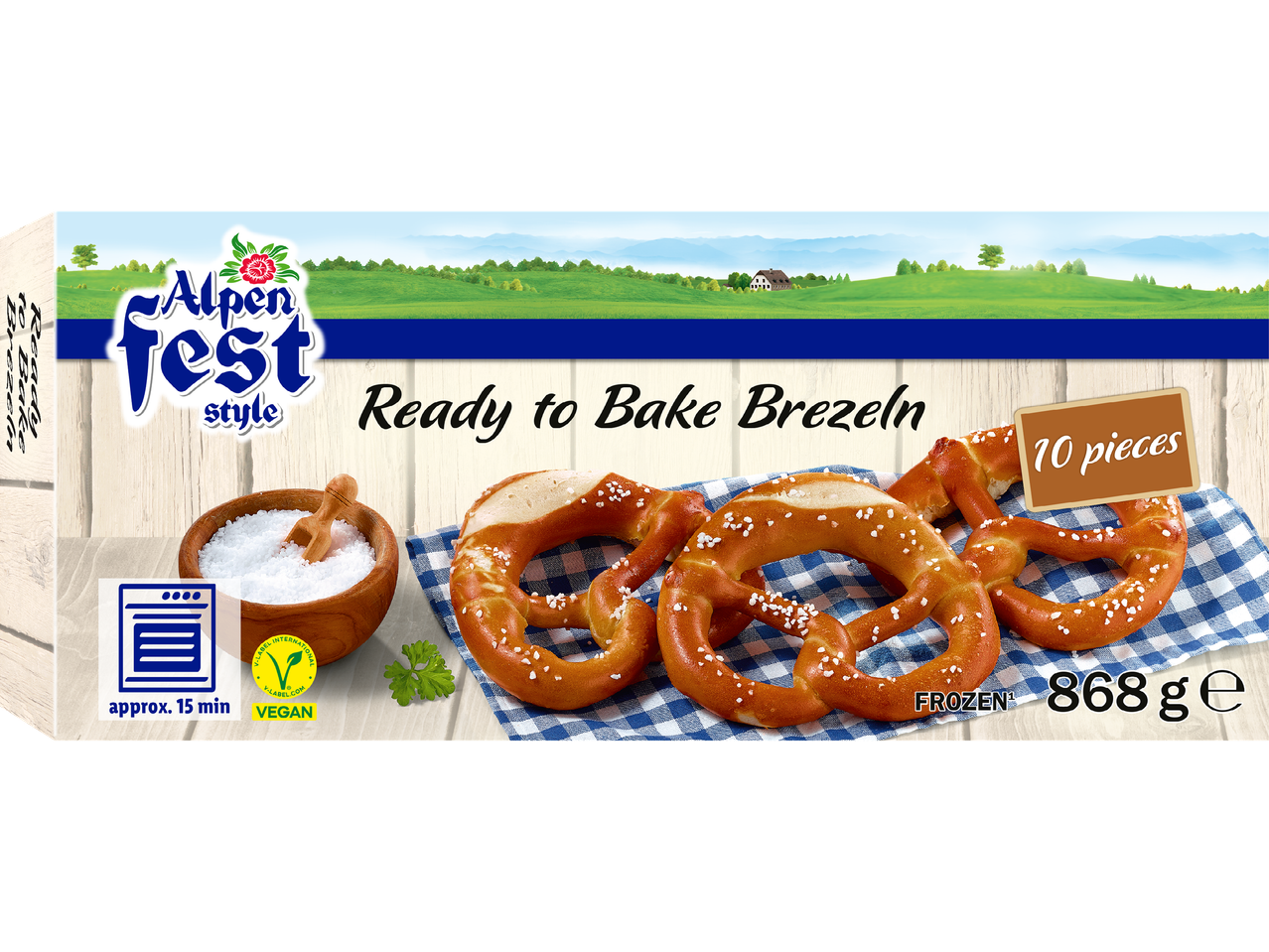 Alpenfest frysta bakfärdiga kringlor med salt och bakinstruktioner.