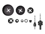 A set of hole saws in various sizes with two arbors and pilot drill bits.
