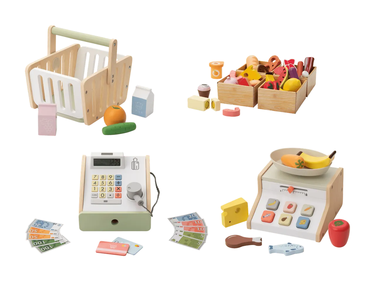Holzspielzeug für den Supermarkt, bestehend aus Einkaufskorb, Registrierkasse, Waage und Lebensmitteln.