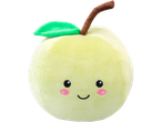 A plush green apple with a smiling face, pink cheeks, and a brown stem with a green leaf.