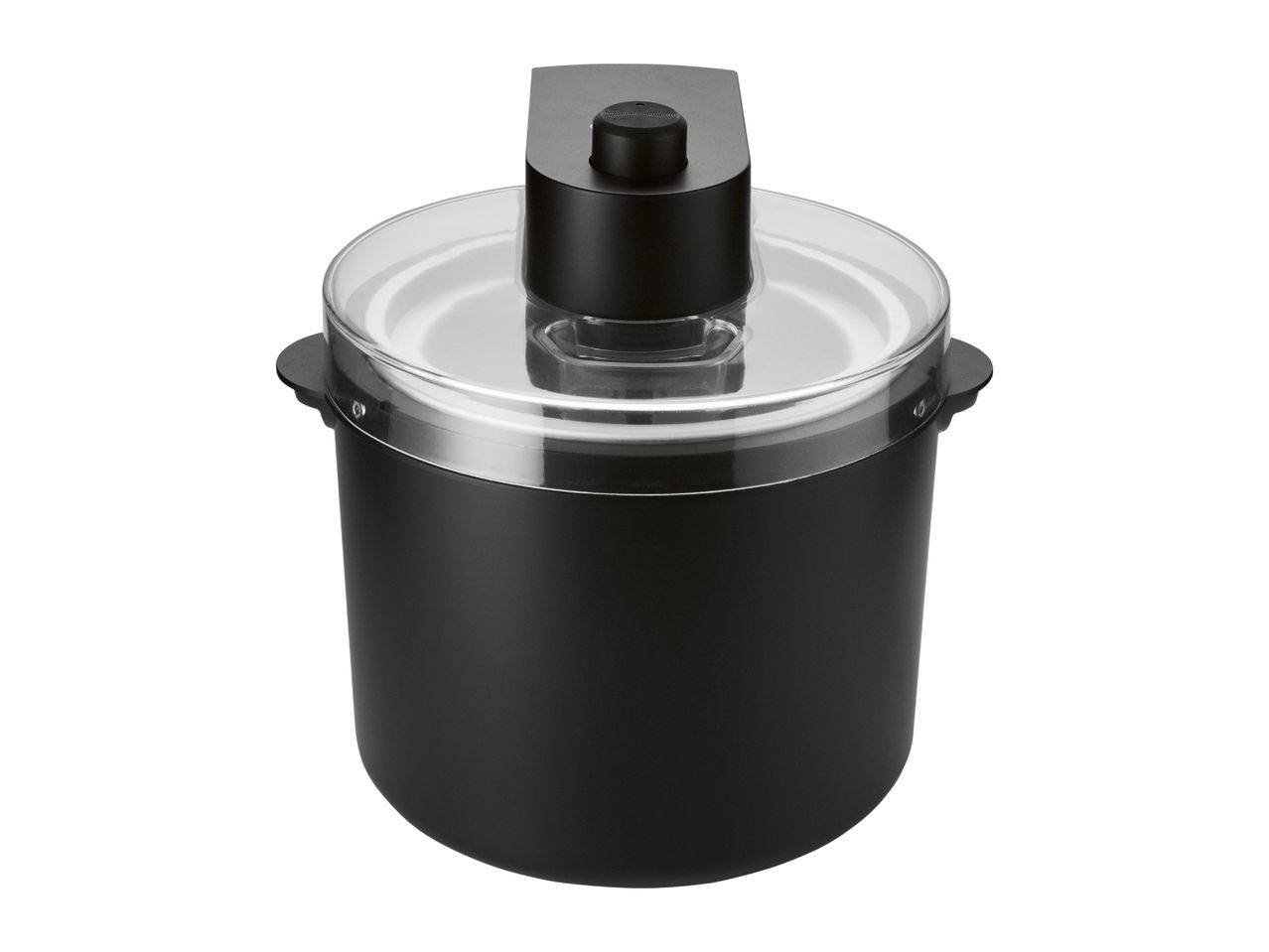 Black ice cream maker with a transparent lid and a central motor unit.