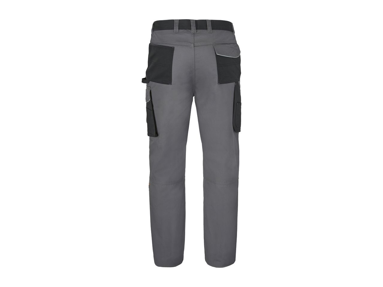 Gray work trousers with black reinforced pockets and reflective details, back view.