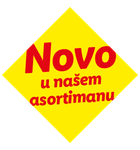 Žuti romb s crvenim tekstom: 'Novo u našem asortimanu'.