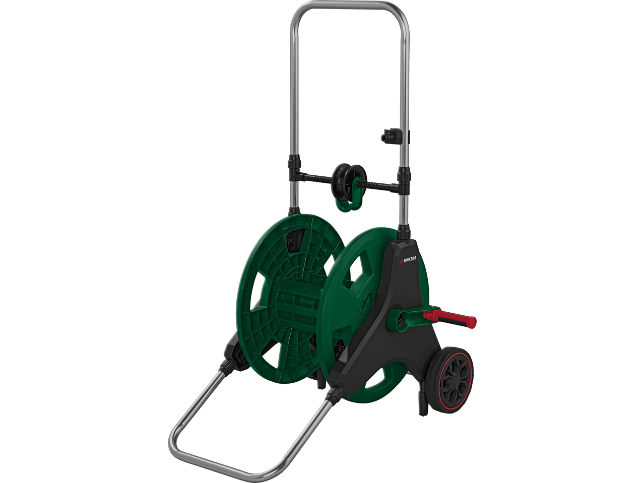 PARKSIDE žarnos ritės vežimėlis su žaliu žarnos būgnu ir sidabrine rankena.