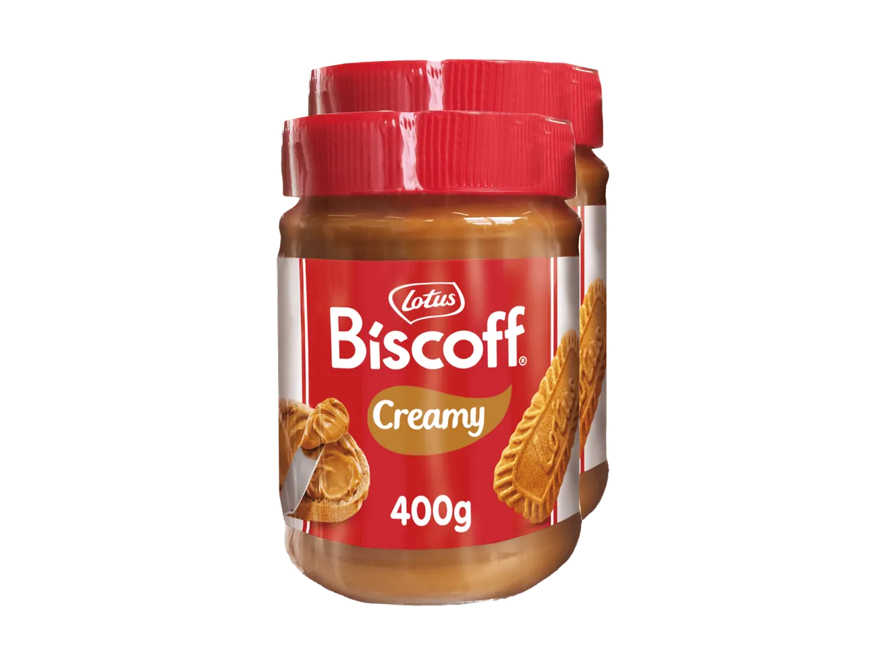 Zwei 400g Gläser Lotus Biscoff Brotaufstrich cremig.
