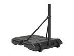 Black portable basketball hoop base with wheels and support pole.