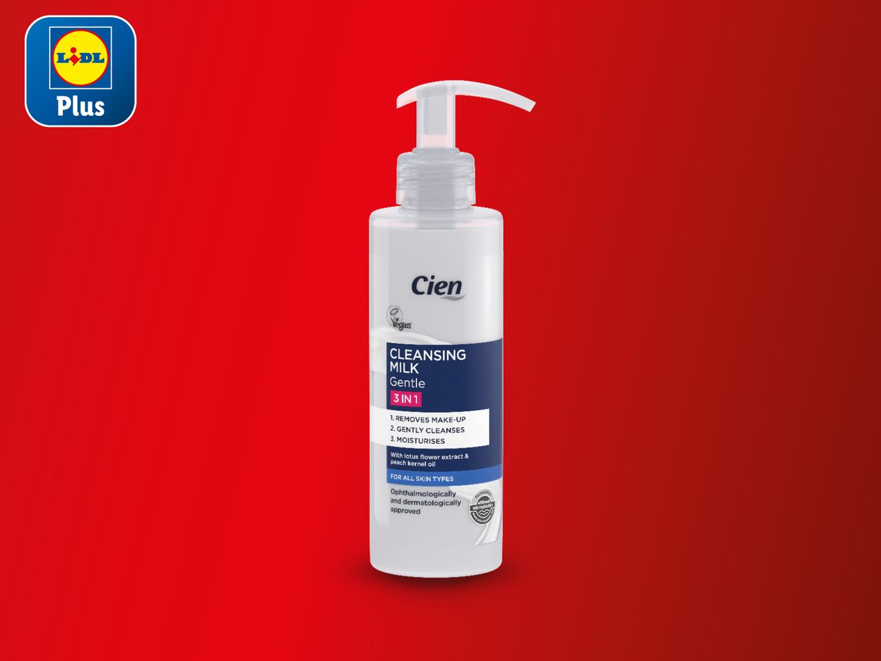 Cien mlijeko za čišćenje lica s logotipom Lidl Plus na crvenoj pozadini.