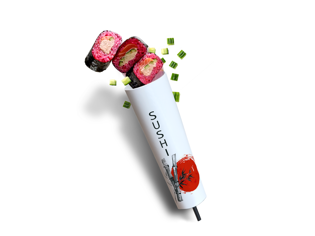 Drie sushirollen met roze rijst en komkommer, uit een witte koker met 'SUSHI' erop.