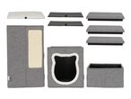 Disassembled grey cat tree with scratching post, cat cave and cushions