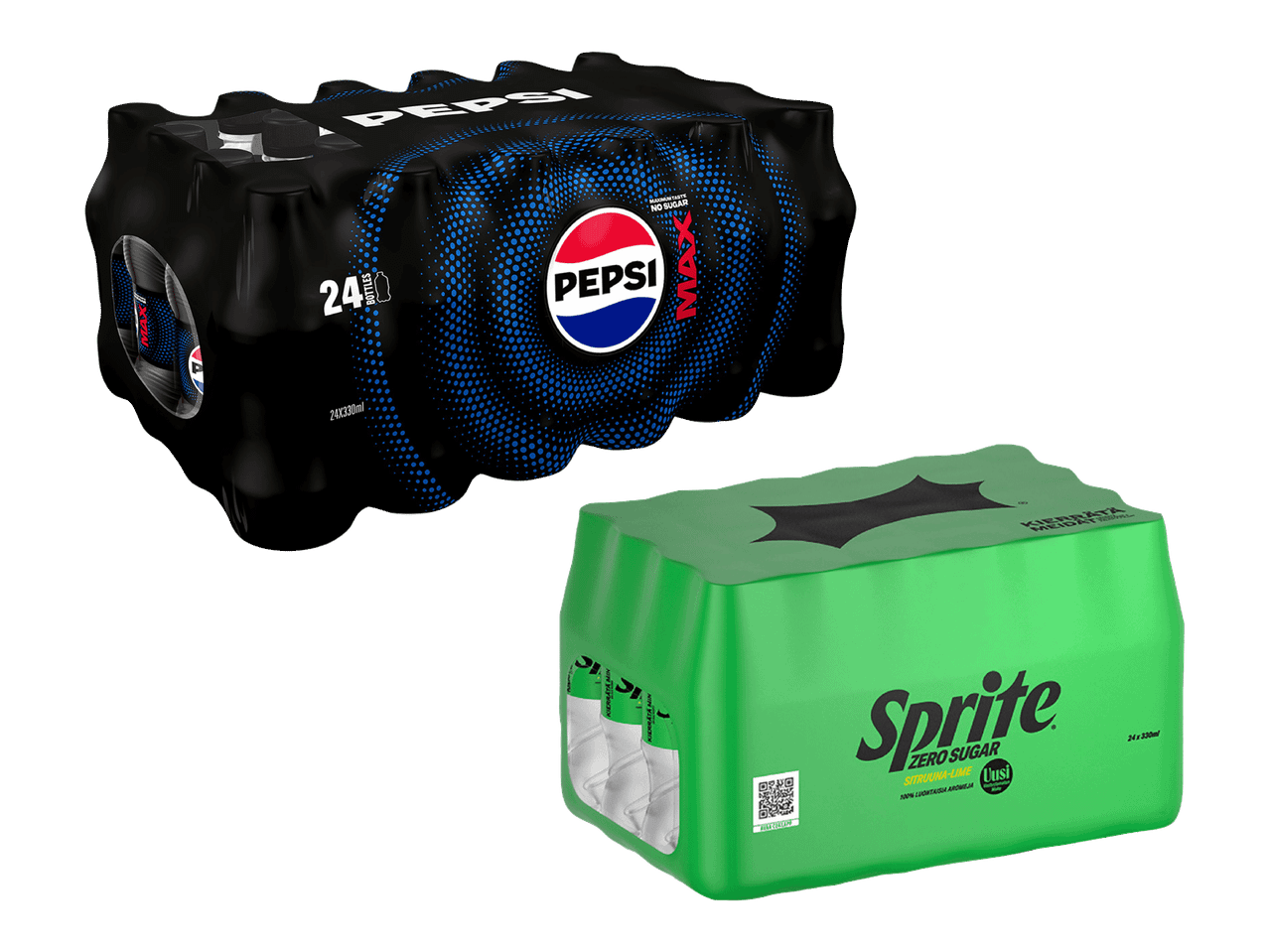 Kaksi 24 pullon pakkausta: Pepsi Max ja Sprite Zero Sugar.