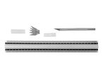 A craft knife set with a ruler, blades, and blade covers on a white background.