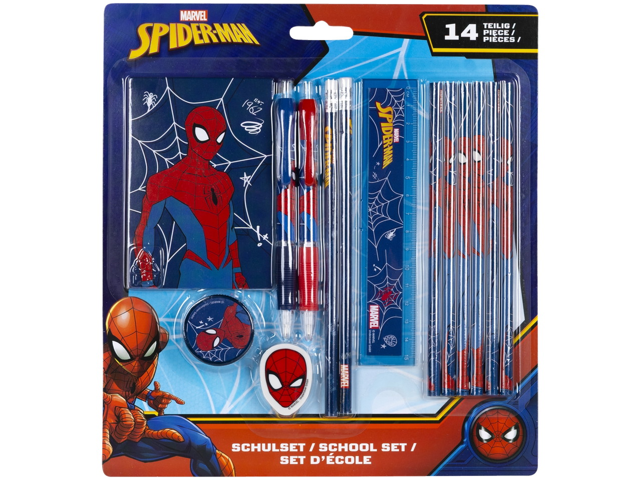 Conjunto escolar Spider-Man com caderno, canetas, lápis, régua, borracha e afia.