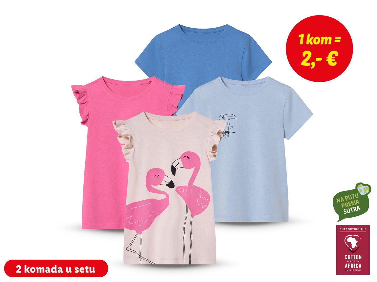 Tri pamučne majice za djevojčice s motivima flamingosa.