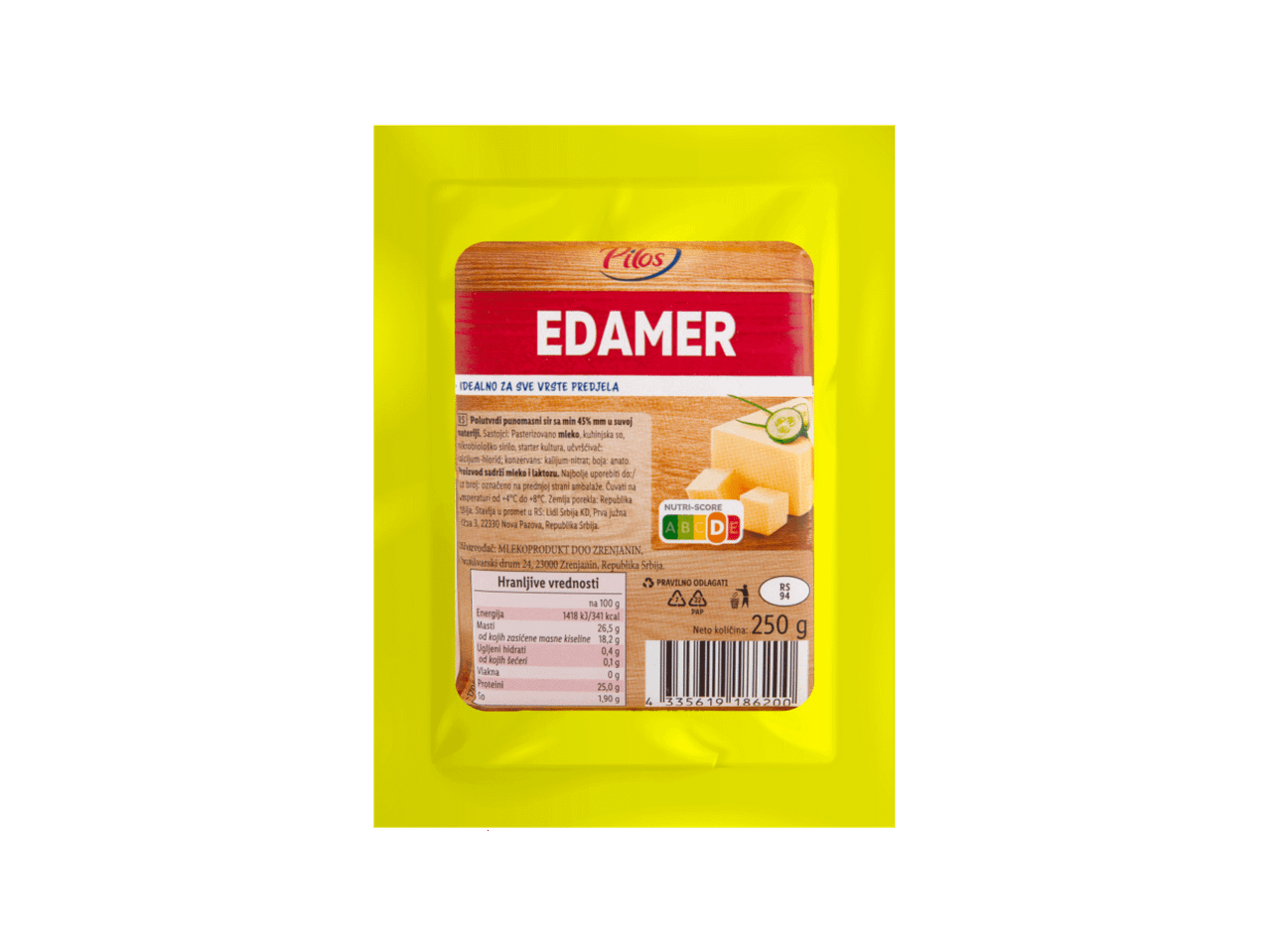 Pakovanje edamer sira sa nutritivnim vrednostima i Nutri-Score oznakom.