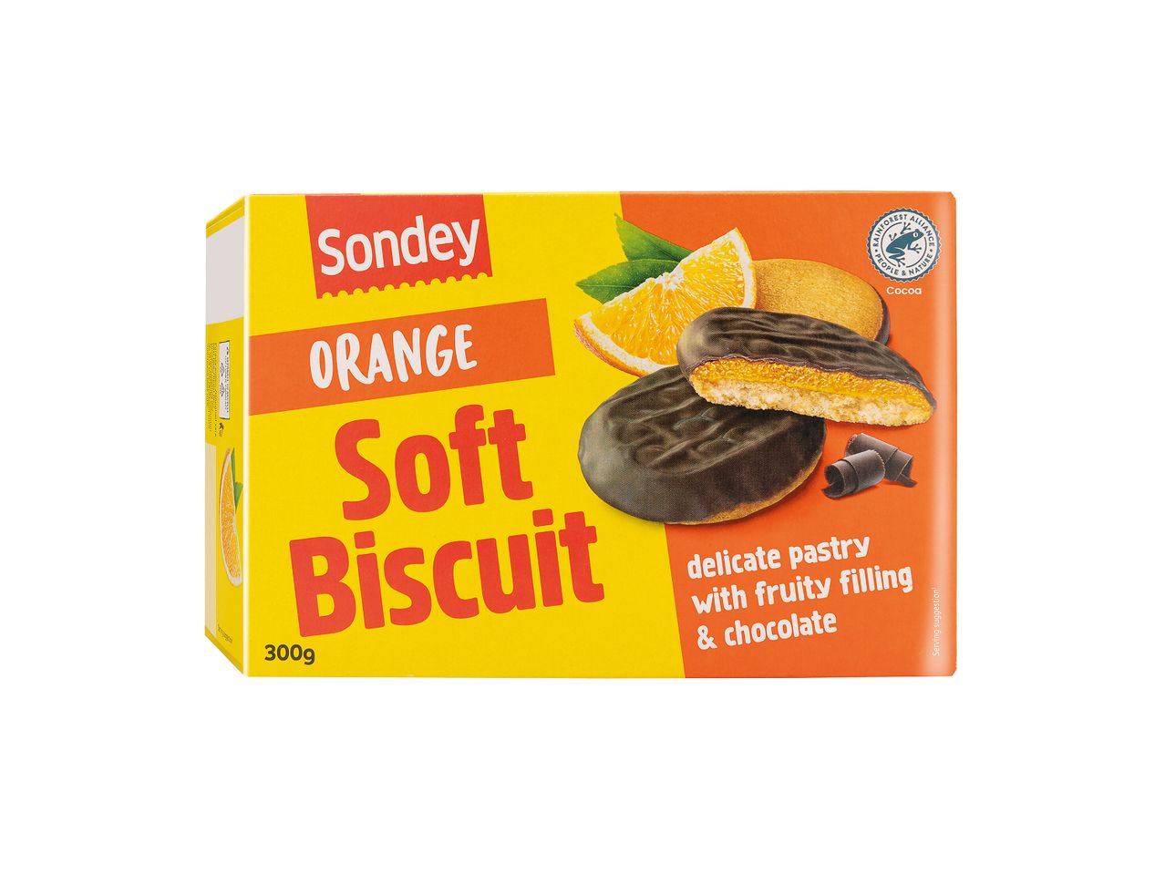 Κουτί Sondey Orange Soft Biscuit με μπισκότα με γέμιση φρούτων και σοκολάτα.