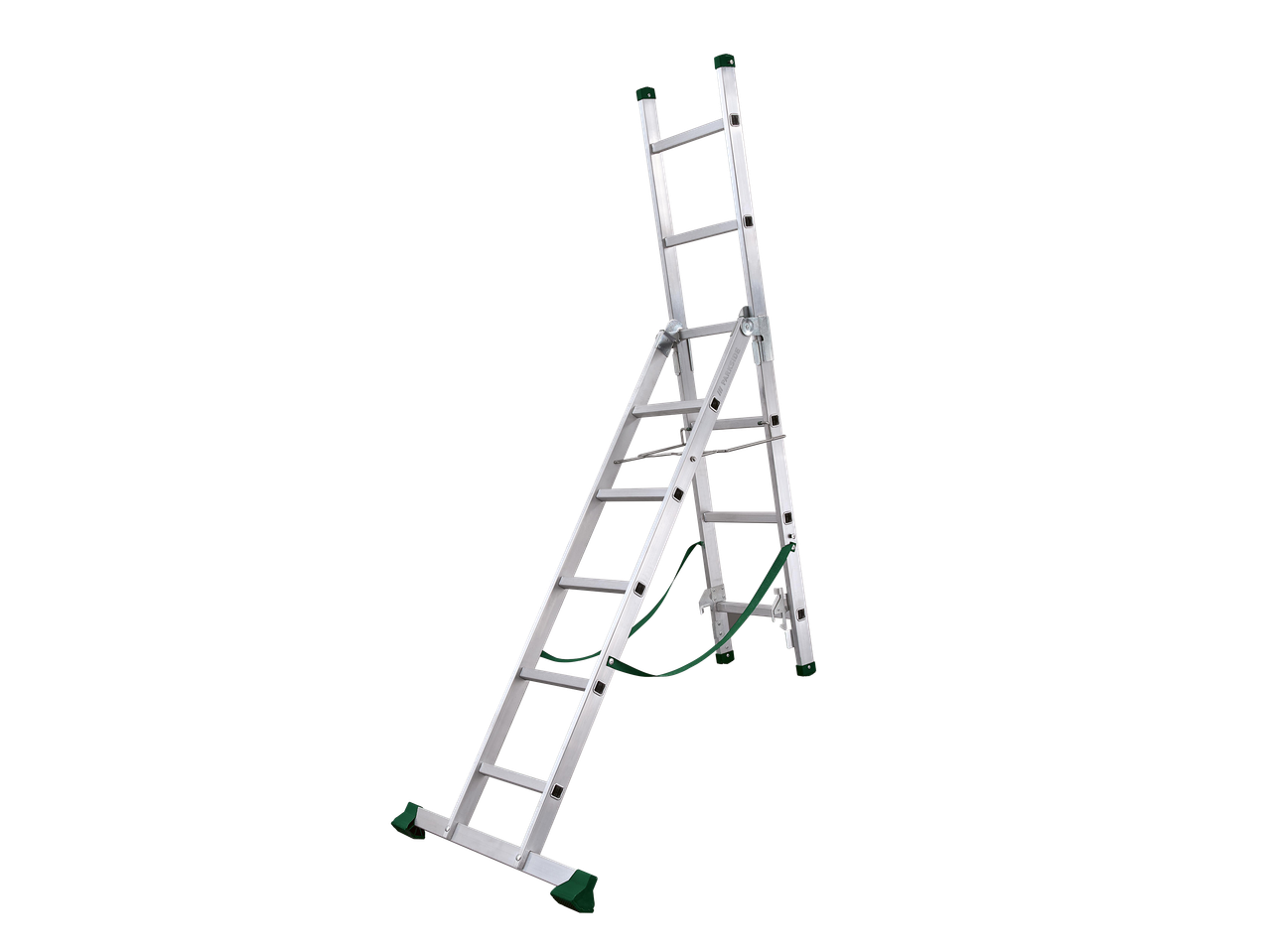 Összecsukható alumínium létra zöld lábakkal és hevederekkel, fekete háttér előtt.