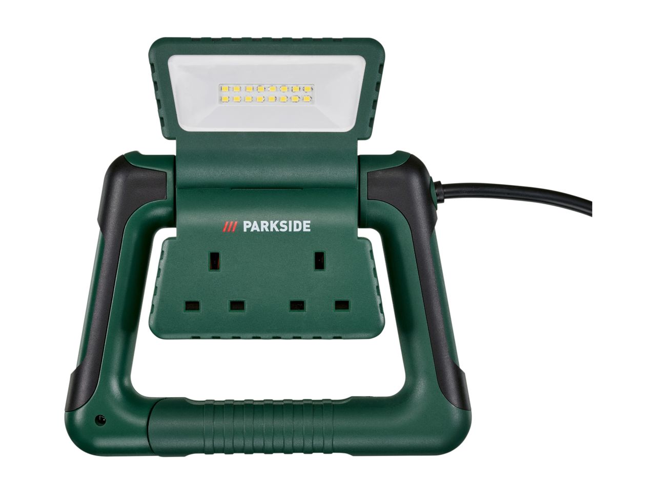A green and black Parkside LED work light with multiple power outlets.