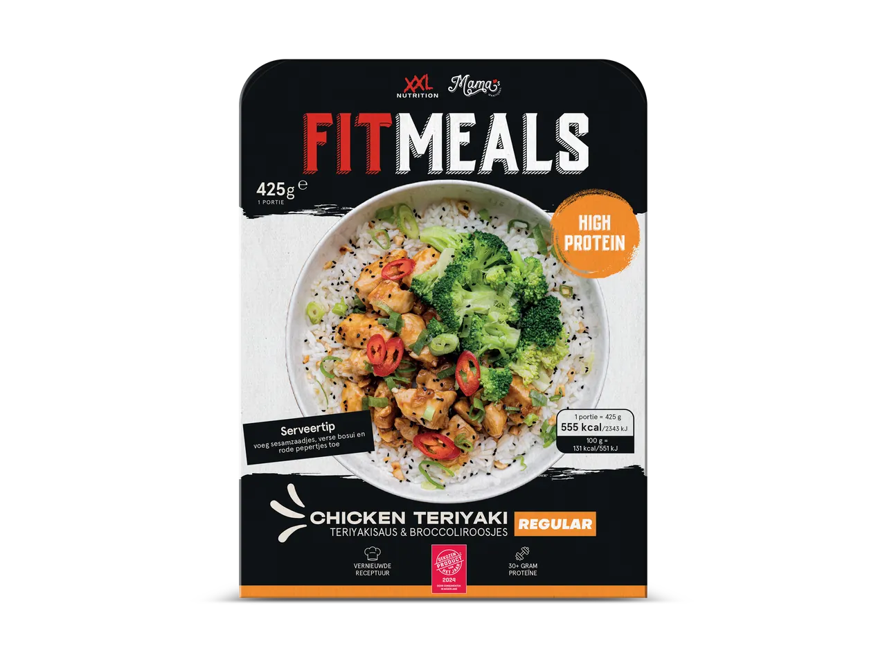 Een maaltijdverpakking met kip teriyaki, rijst en broccoli, met de tekst 'High Protein' en 'Regular'.