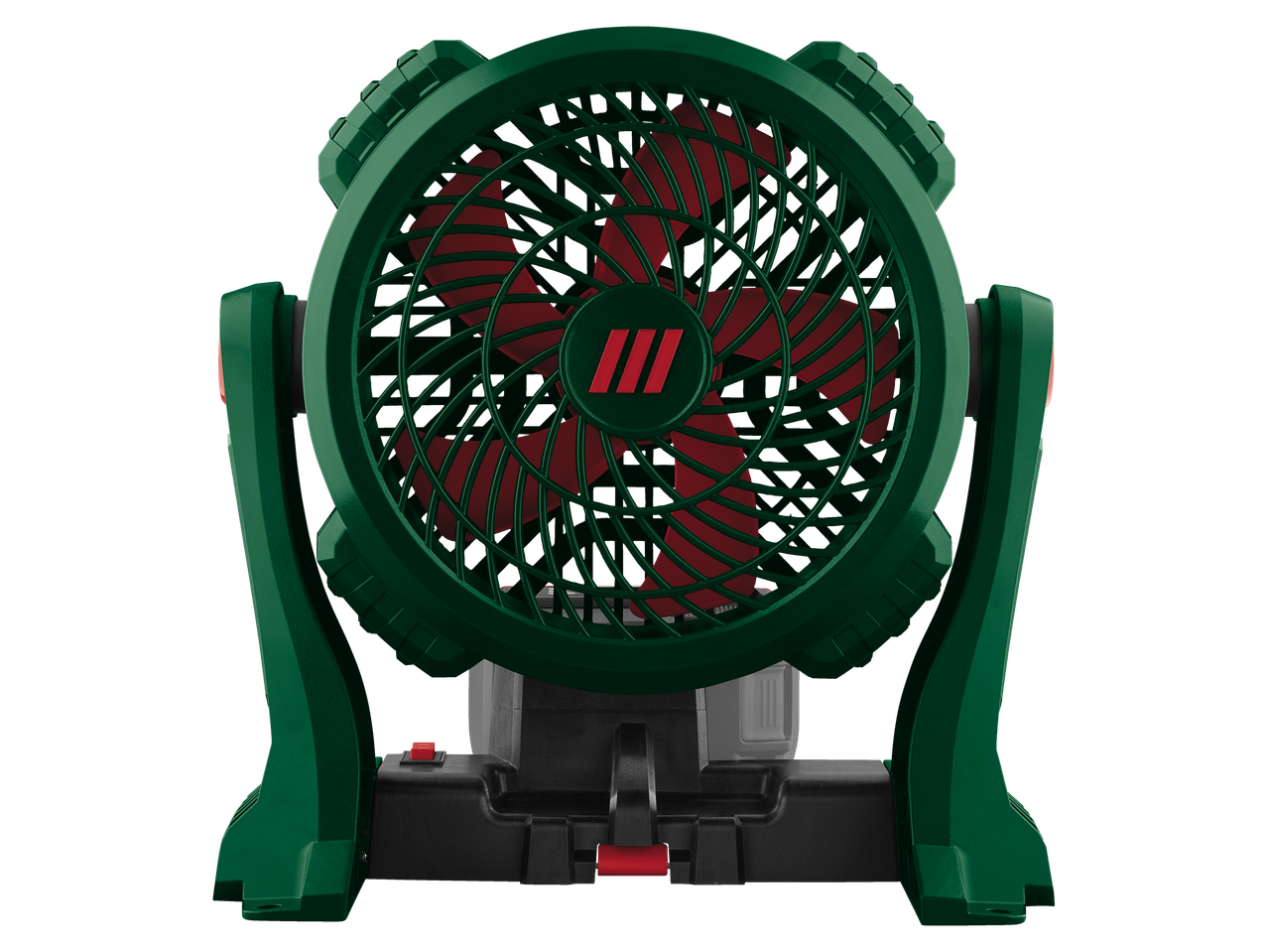Ventilador a bateria com pás vermelhas.