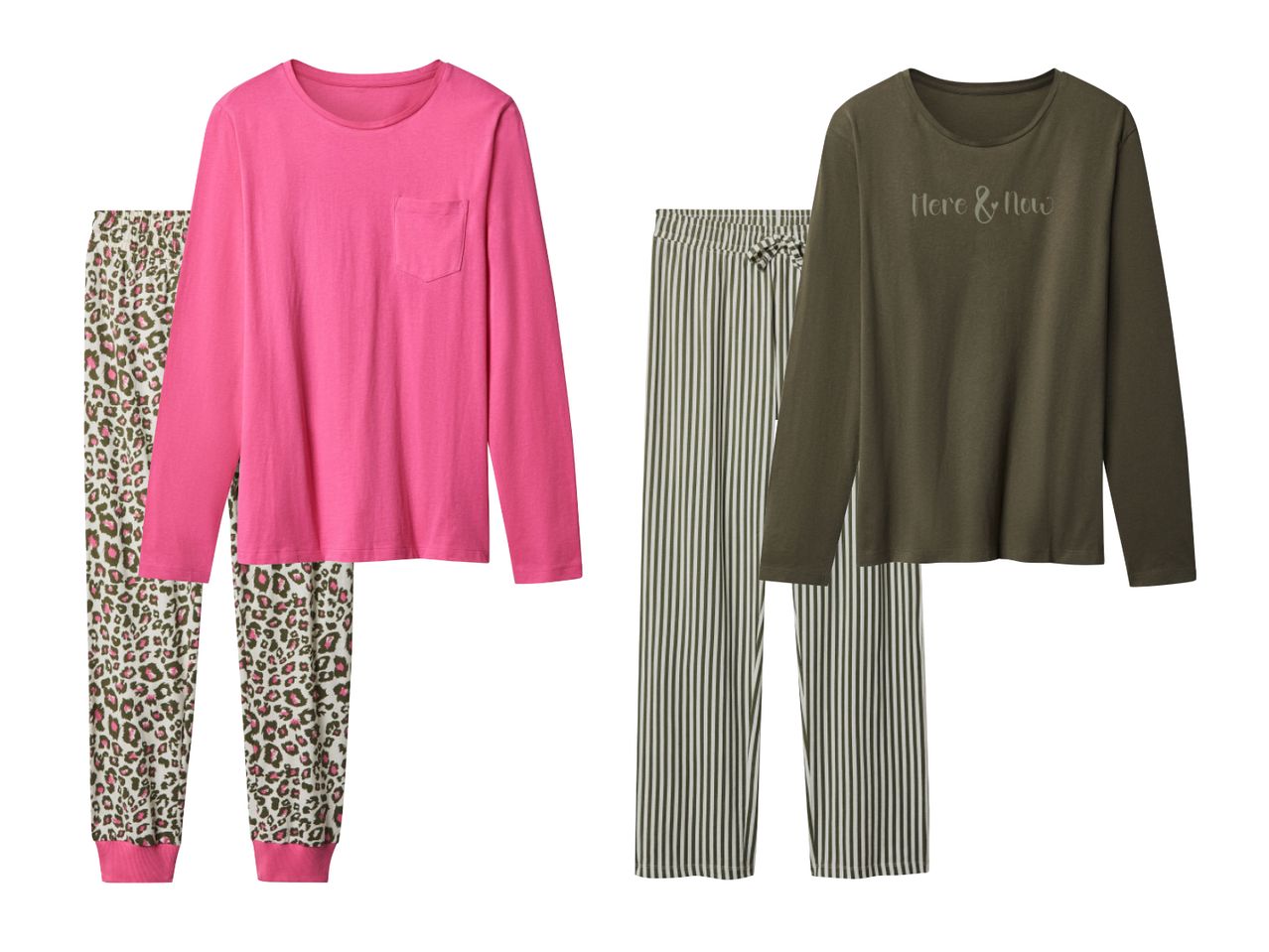 Dva seta pidžama: ružičasta s leopard uzorkom i maslinasto zelena s prugama.