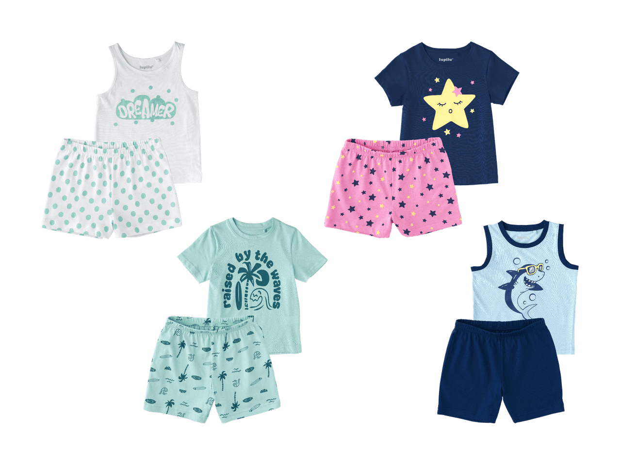 Quatre ensembles de pyjamas pour enfants, avec des motifs de rêveur, d'étoiles, de vagues et de requin.