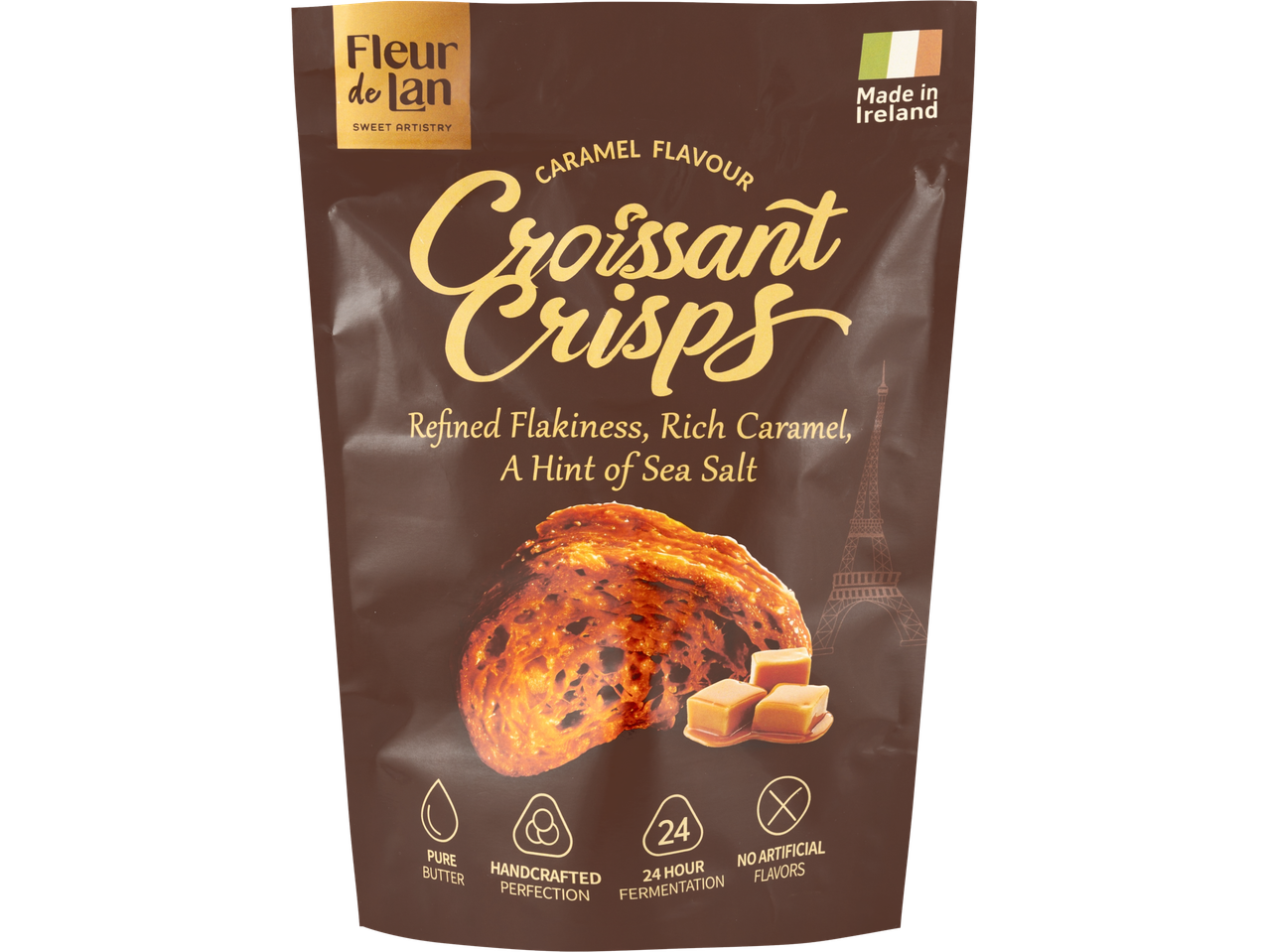 A bag of Fleur de Lan Croissant Crisps, caramel flavor, made in Ireland.