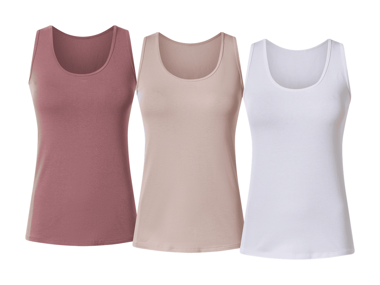 Tre ensfarvede tanktoppe i rosa, beige og hvid.