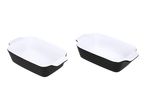 Two rectangular black and white ceramic baking dishes with ribbed sides.