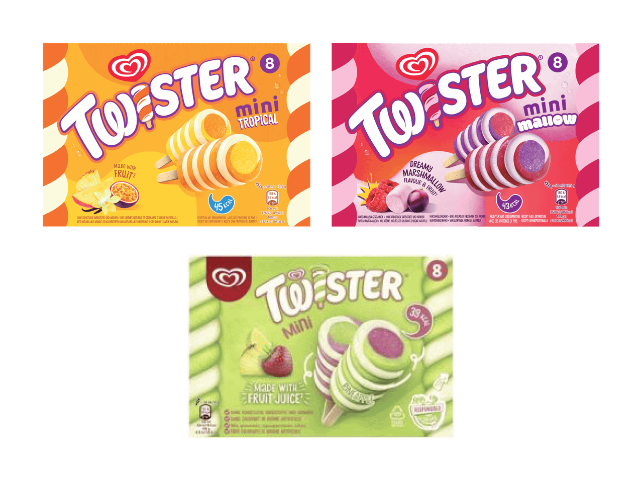 Drei Packungen Twister-Eis am Stiel, zwei mit tropischen Geschmacksrichtungen und eine mit Marshmallow-Geschmack.