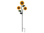 Napraforgó alakú napelemes kerti lámpa, három virággal és levelekkel.