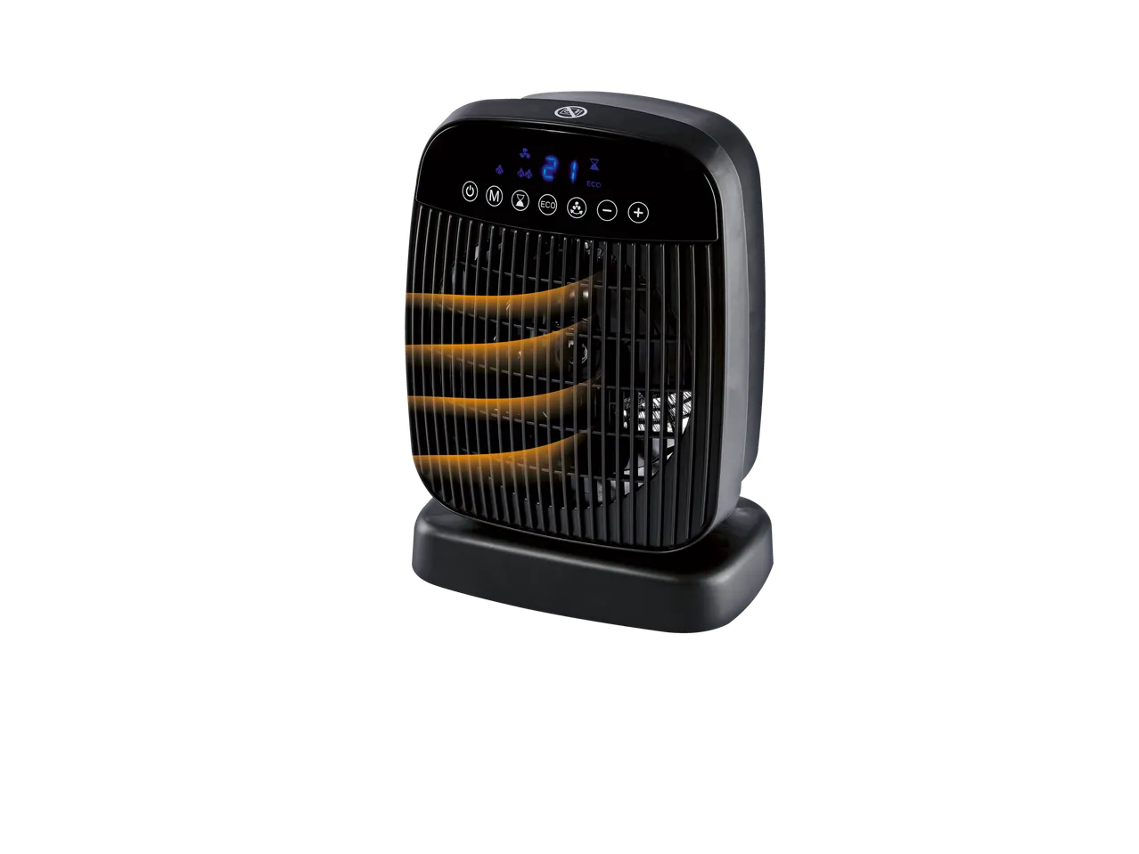 Crni Tronic grejač sa ventilatorom sa digitalnim ekranom i narandžastim grejnim elementima.