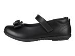 A single black Mary Jane style children's shoe with a bow.