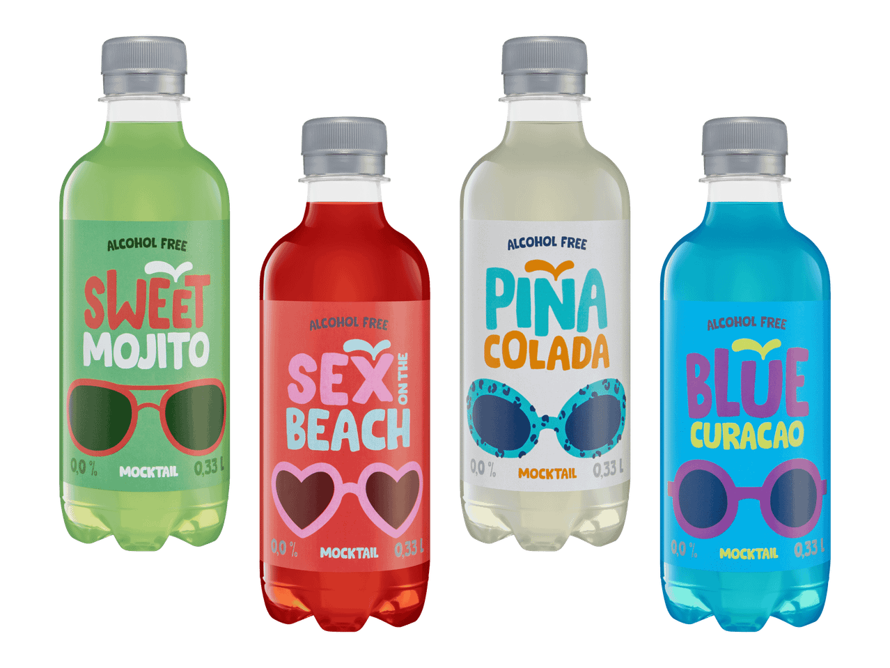 Neljä makuista alkoholitonta cocktailijuomaa: Sweet Mojito, Sexi Beach, Pina Colada ja Blue Curacao.