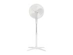 A white pedestal fan with a clear blade.