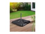 Black parasol base on a wooden deck with a green garden in the background.