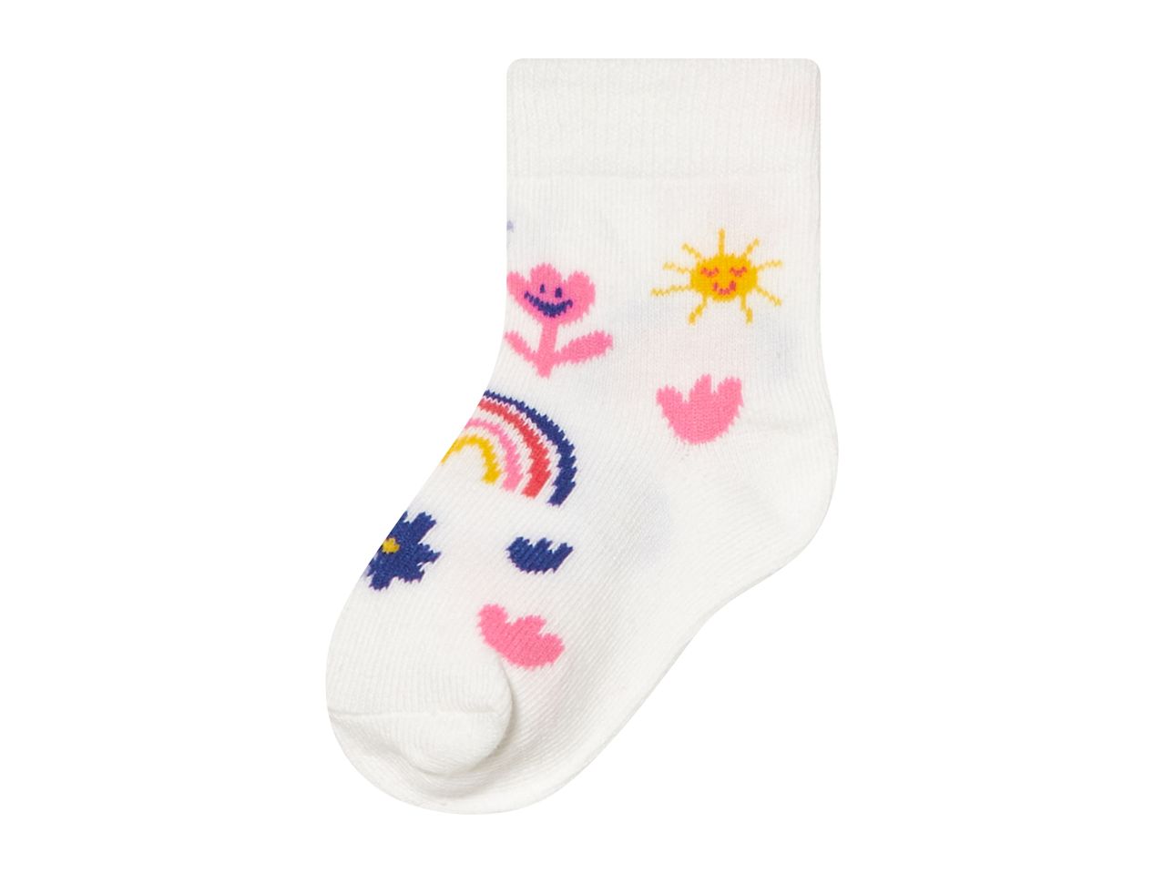 White sock with colorful embroidered flowers, sun, and rainbow designs