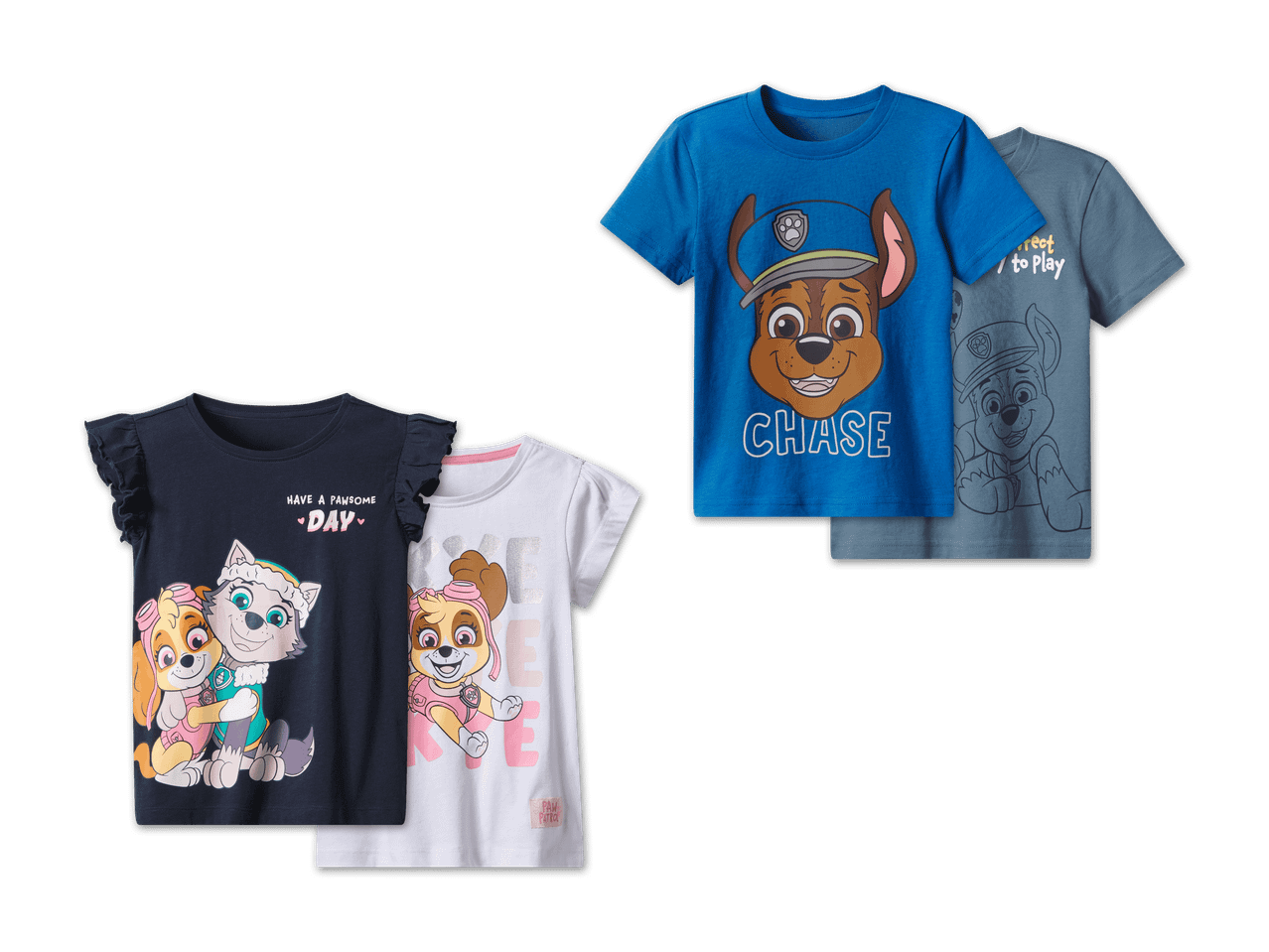 Zwei Paw Patrol T-Shirts für Jungen und zwei für Mädchen.