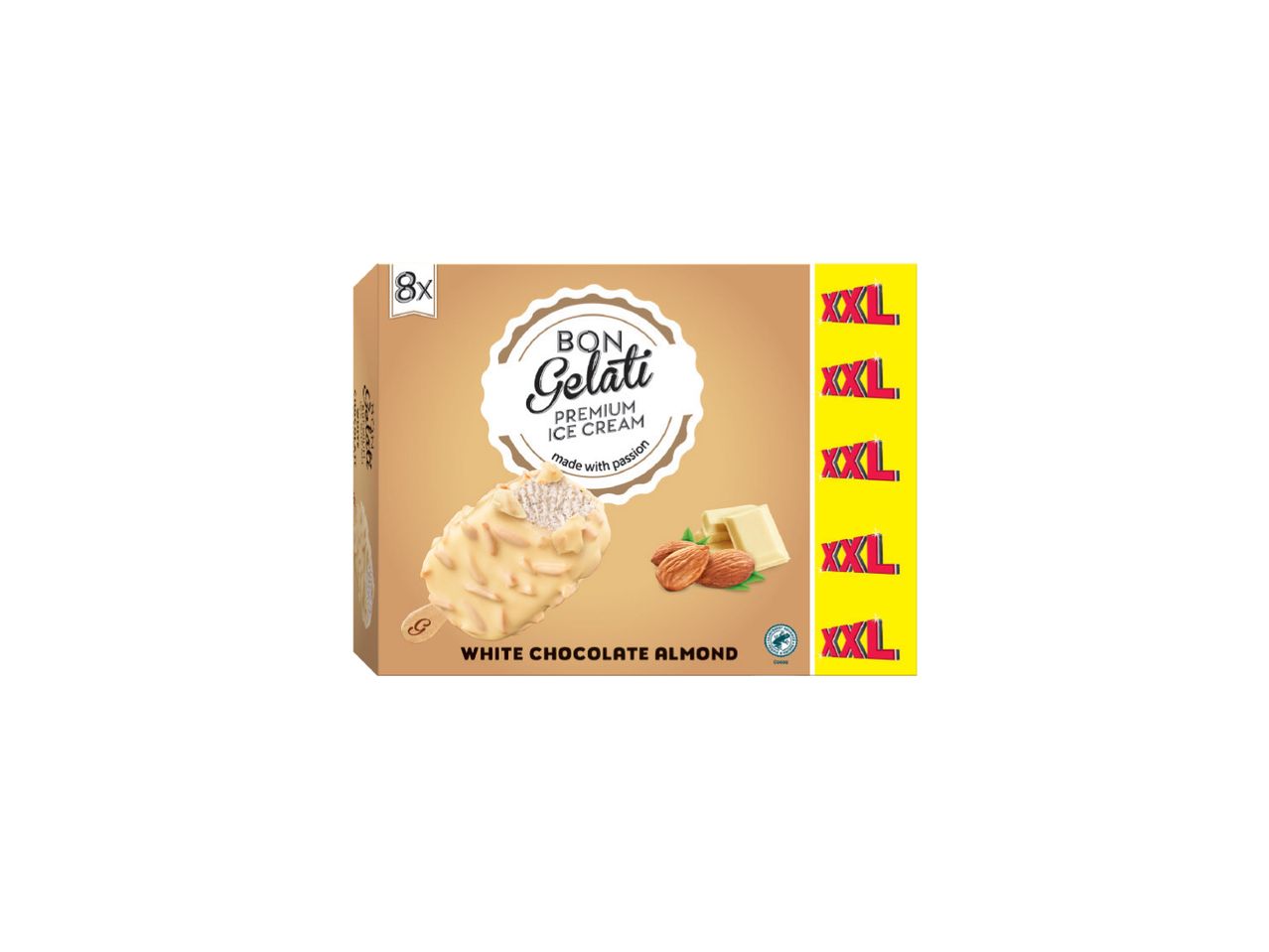 Bon Gelati XXL sladoled sa belom čokoladom i bademom, pakovanje od 8 komada.