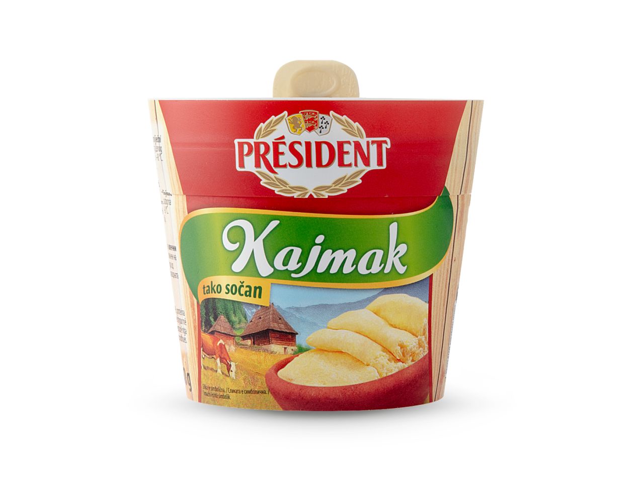 Pakiranje President Kajmaka s natpisom 'tako sočan' i slikom sela.