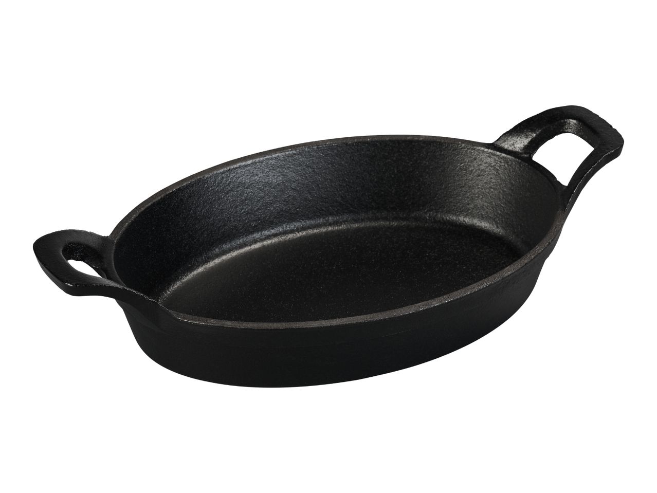 Black cast iron oval serving dish with two handles