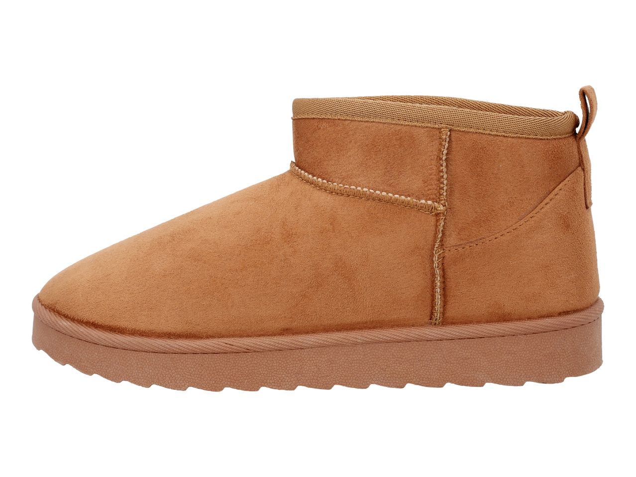 Brown suede ankle boots with a textured sole and visible stitching