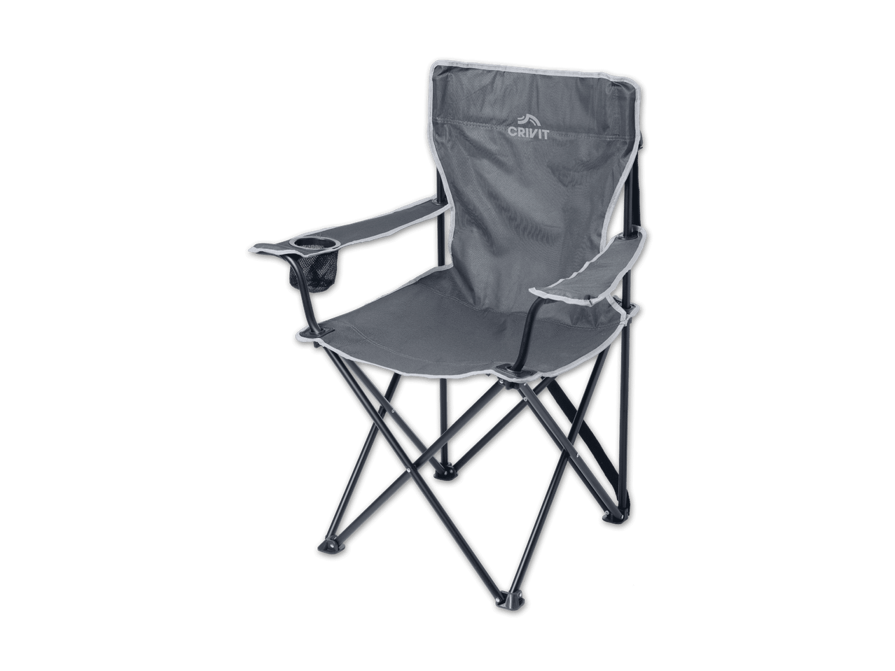 Grauer Klappstuhl mit Getränkehalter