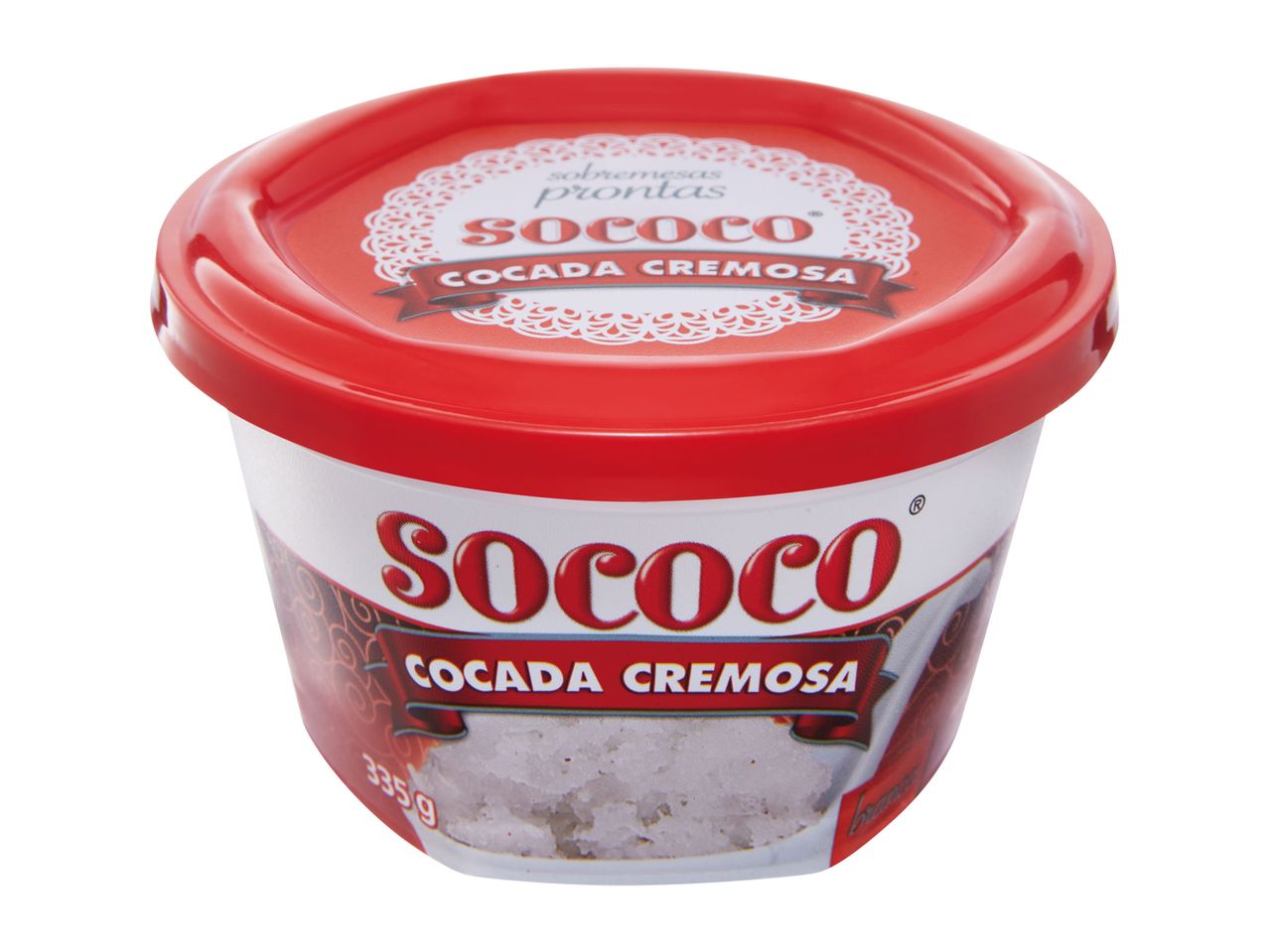 Sococo creamy coconut spread in a red plastic container.
