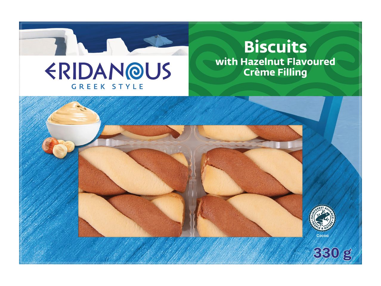 Biscuits with hazelnut flavored crème filling, Greek style, 330g.
