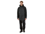 Black raincoat and work trousers.