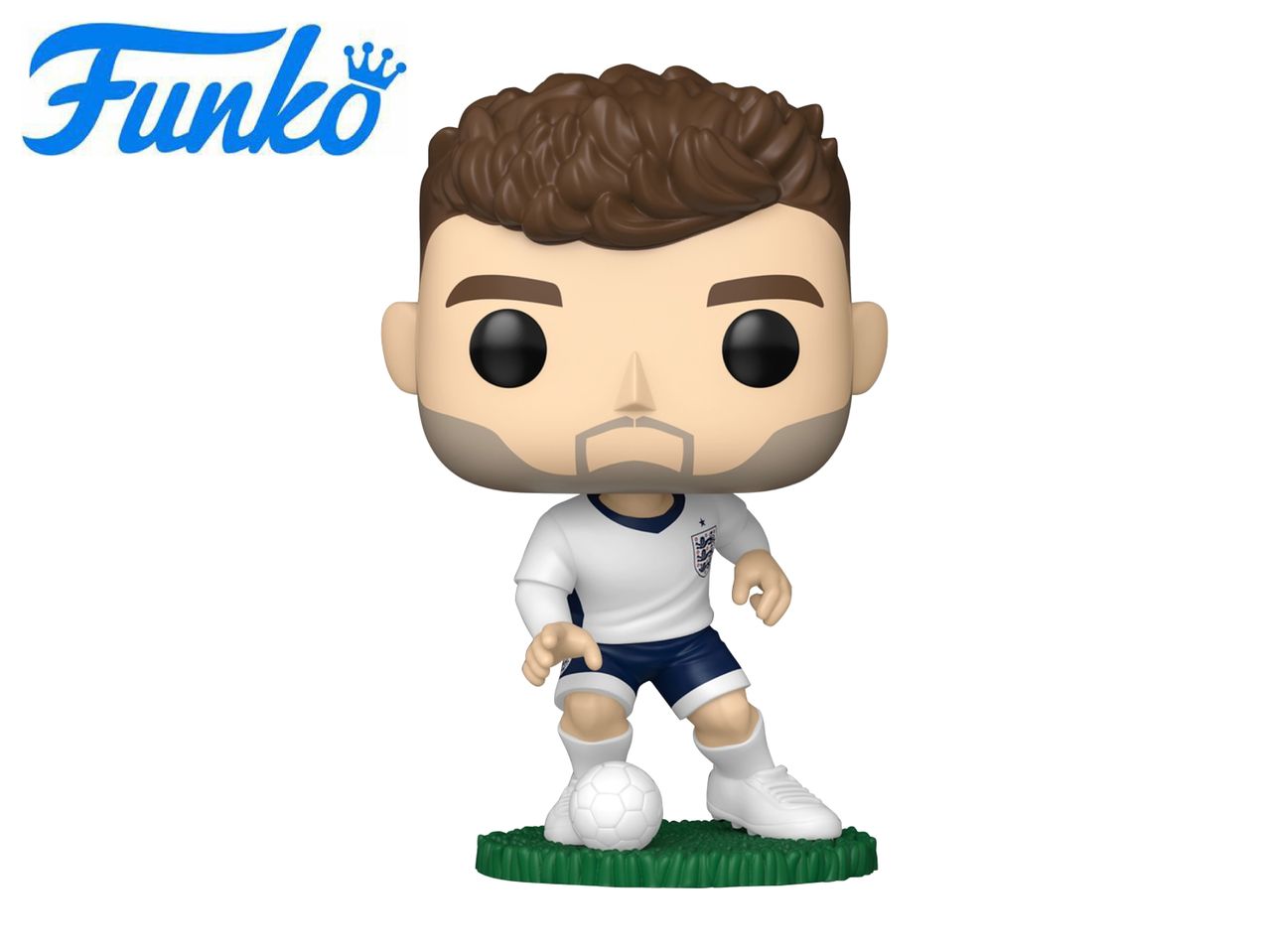 Football player figurine in a white and blue uniform with a soccer ball on a green base.