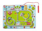 Wooden magnetic maze board with a city road theme, featuring vehicles like a fire truck, ambulance, police car, and bus.