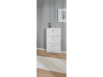 A white three-drawer shoe cabinet stands against a gray wall, next to a framed beach print.